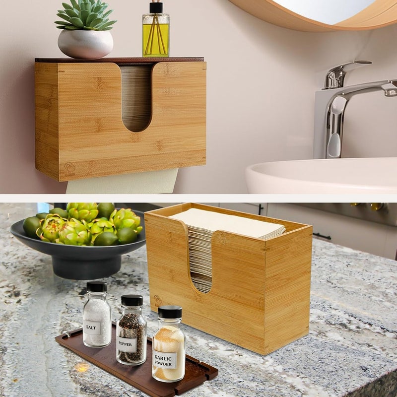 Ebun Bamboo Paper Towel Holder for Multifold, Cfold, Trifold, Zfold Towels – Wall Mount or Countertop Paper Hand Dispenser with Removable Lid Tray, Modern Rustic Design for Kitchen, Bathroom & Office - Image 2